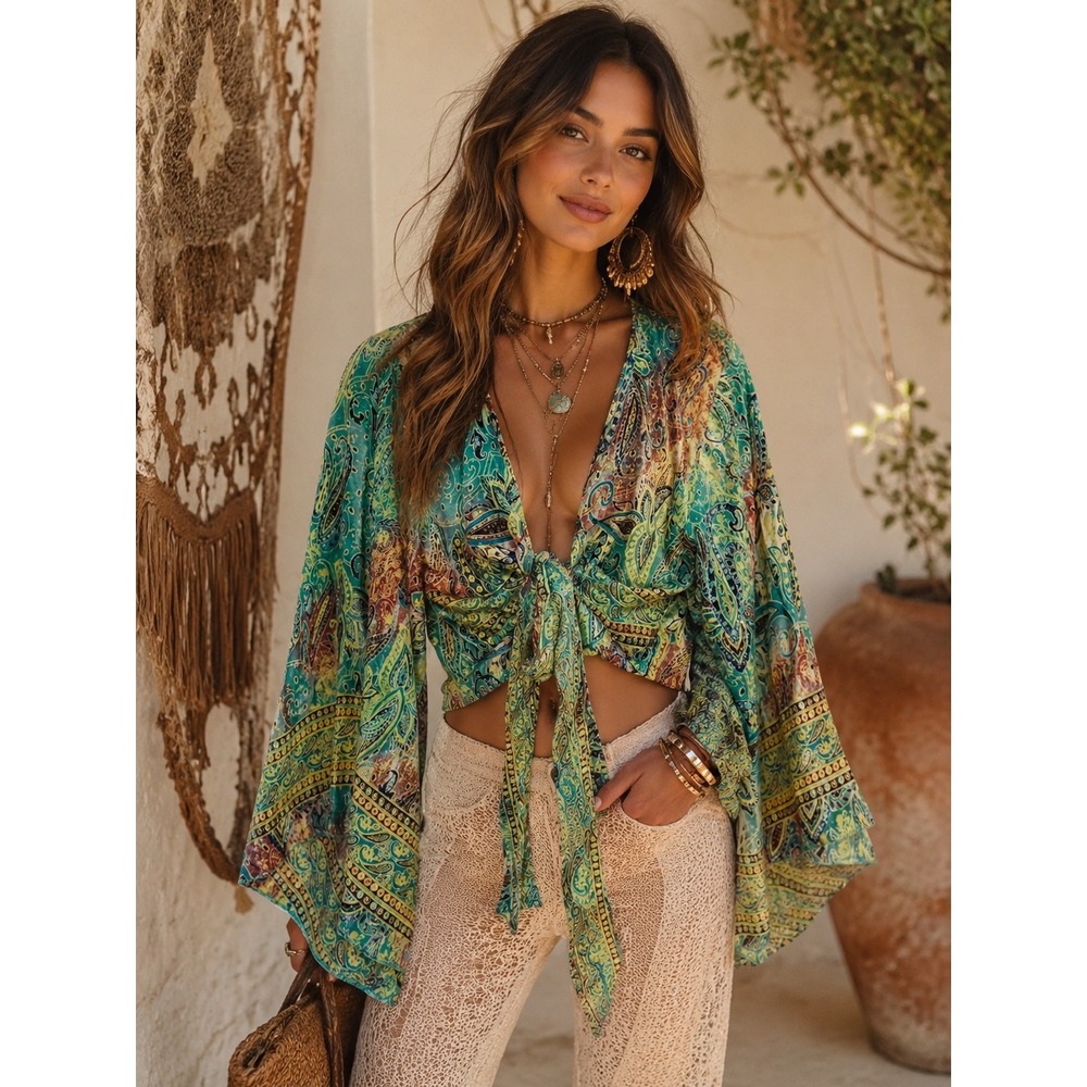 Jessica Taylor Paisley Tie Front Crop Top Teal Gold Boho Bell Sleeve India OS